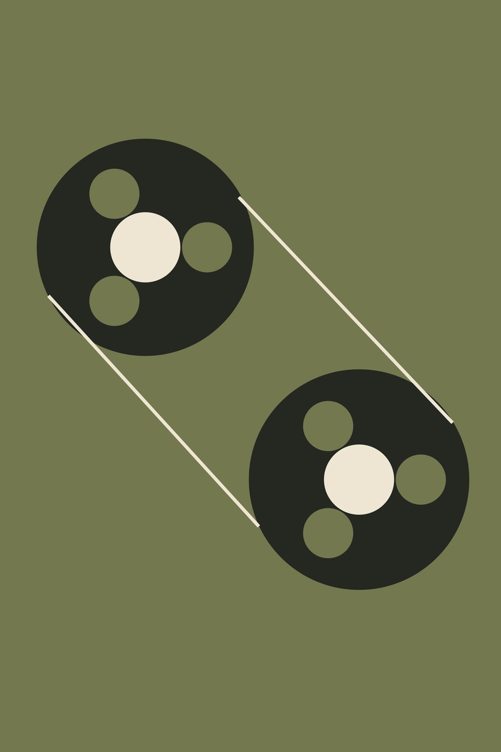 Two open tape reels sit diagonally across an olive field, linked by fine tape lines.