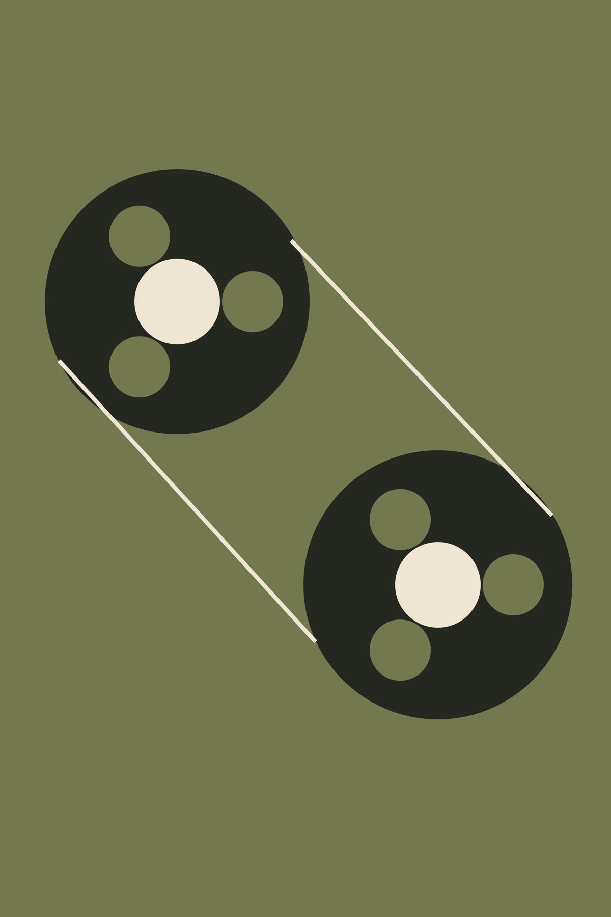 Two open tape reels sit diagonally across an olive field, linked by fine tape lines.