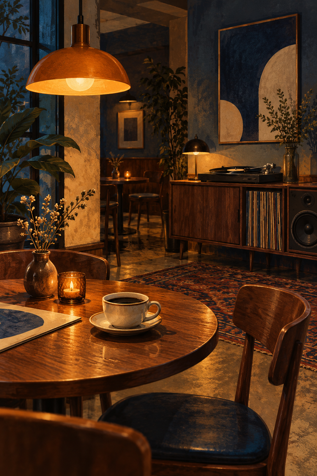 A secluded jazz-listening cafe table beneath one amber pendant, black coffee and a record player deeper in the room, walnut and indigo.