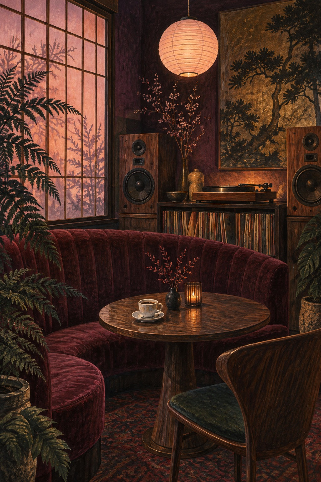 A burgundy listening booth, espresso cup and leafy shadows create a quiet cafe corner.