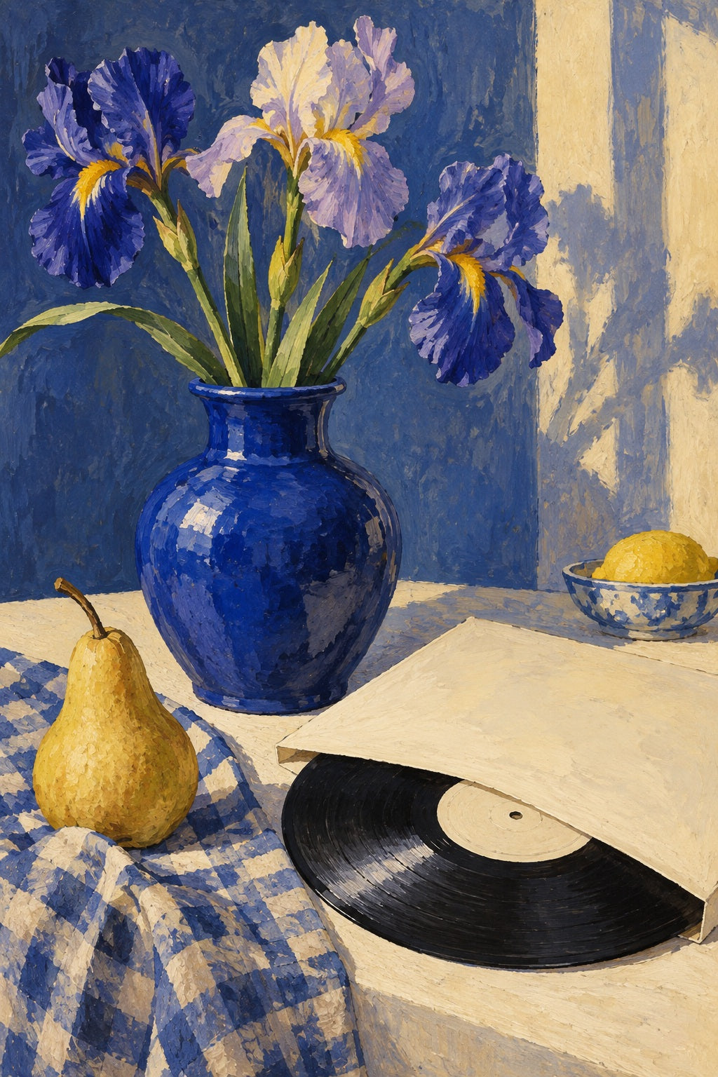 Irises in a cobalt vase rise above a vinyl record, pear and checked cloth.