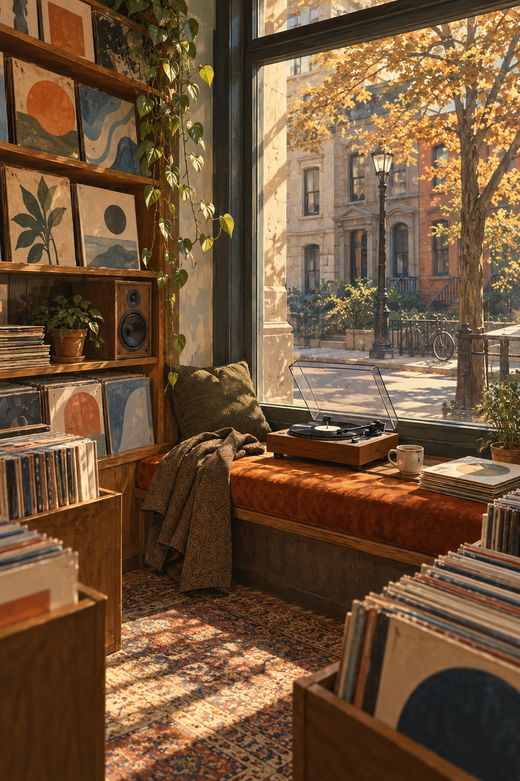 An empty record-shop window seat framed by shelves of anonymous sleeves, a compact player and a wool coat, quiet urban morning.